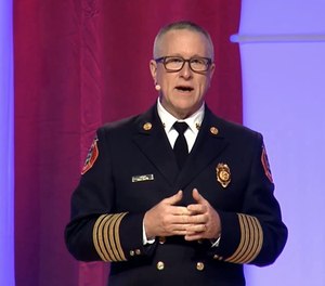 East Hartford, Conn., Fire Chief John Oates speaks at the IAFC's Fire-Rescue International conference in 2021.