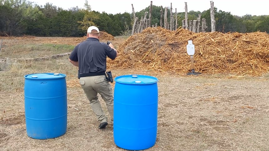 Two barrels, one yard apart. Make two hits while moving forward, then move around the next barrel.