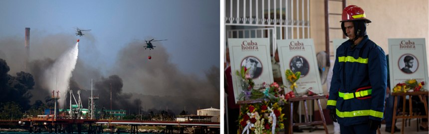 Left: Helicopters hauling water fly over the Matanzas Supertanker Base, as firefighters and specialists work to quell the blaze which began during a thunderstorm in Matanzas, Cuba, Monday, Aug. 8, 2022. Cuban authorities say lightning struck a crude oil storage tank at the base, sparking a fire that sparked four explosions. Right: A firefighter walks past photos and caskets of those who died in the fires at the Matanzas Supertanker Base, an oil storage facility, during a funeral ceremony inside the Firefighters Museum in Matanzas, Cuba, Friday, Aug. 19, 2022.