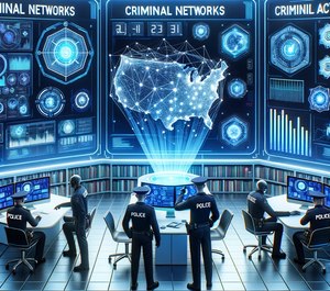 A DALL-E 3 AI-generated image depicting a modern police station where officers employ futuristic technologies. Holographic screens display AI-driven analytics, shedding light on criminal networks and predictive policing.