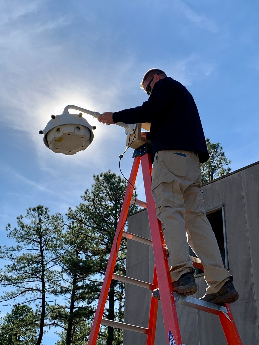 It took just minutes to mount the SDS Outdoor gunshot detection technology during S&T’s field assessment. (Photo: S&T.)