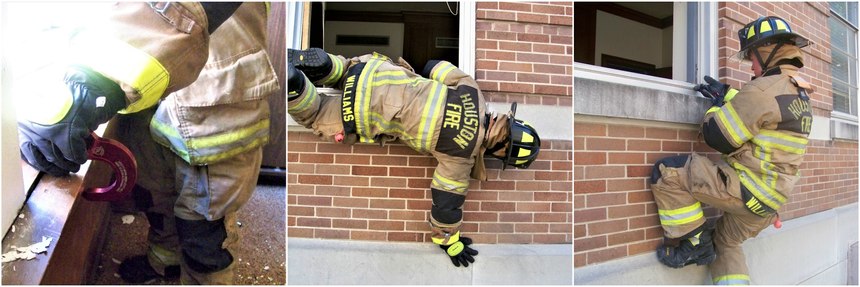 As you further exit the window, maintain tension on your anchor so that it does not slip out. Using your free hand, body weight and legs to control decent while you are still exiting the window, slowly slide further down the exterior wall util your full body weight been taken by you belt or harness and transfer to the anchor. You are then ready to pivot out of the window. It is critical to bend the knees to clear the window, as it can become a point of contention when the boots get hung in the window frame.