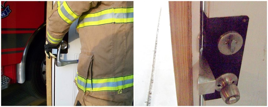 On doors that open toward us, the modified force wedge is very efficient with a single firefighter. The firefighter can drive the wedge into place with the Halligan, achieving the proper gap before ever placing the adz end into the door. As evidence in these photos, you can already see a gap and light beyond the door jamb – enough gap between the door and the door jamb to place the adz end into the gap. At this point, the firefighter should put the adz end into the gap and apply some downward force, creating a bit more gap, save the progress with the wedge and then slide the adz deeper into the gap before applying outward force.