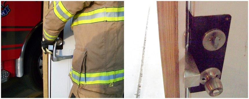 On doors that open toward us, the modified force wedge is very efficient with a single firefighter. The firefighter can drive the wedge into place with the Halligan, achieving the proper gap before ever placing the adz end into the door. As evidence in these photos, you can already see a gap and light beyond the door jamb – enough gap between the door and the door jamb to place the adz end into the gap. At this point, the firefighter should put the adz end into the gap and apply some downward force, creating a bit more gap, save the progress with the wedge and then slide the adz deeper into the gap before applying outward force.