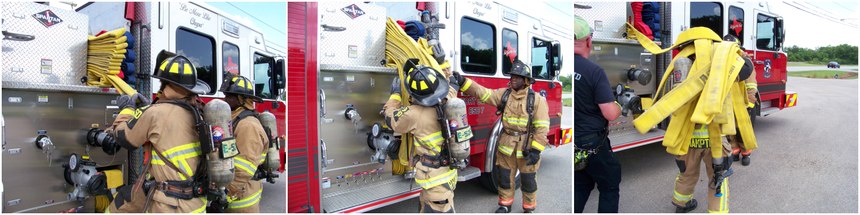 In this example, the leader line is actually a 2½-inch cross-lay that will initially be an attack line. The line will remain preconnected to the apparatus. The firefighter will remove it in the standard method of carrying it as a bundle to be fed from the shoulder as they walk away from the apparatus. The line will be carried and placed into action near the point of entry and flowed onto any visible fire.