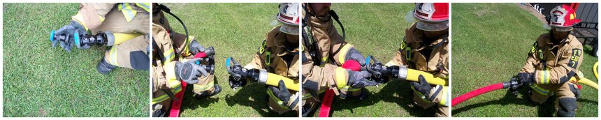Once the 1¾-inch attack line is deployed and laid out correctly with no kinks, the firefighter will bring the female end of the hoseline to the firefighter operating the 2½-inch hoseline. They will shut down the 2½-inch nozzle, remove the tip and connect the 1¾-inch attack line to the 2½-inch nozzle. Once connected, the attack line is ready to be charged.