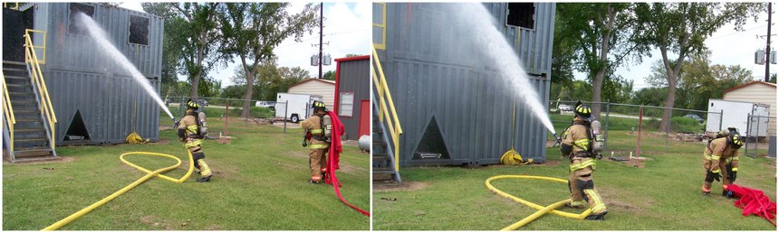 The biggest benefit to this deployment option is that you can flow water while the initial interior attack line is being prepared for deployment.