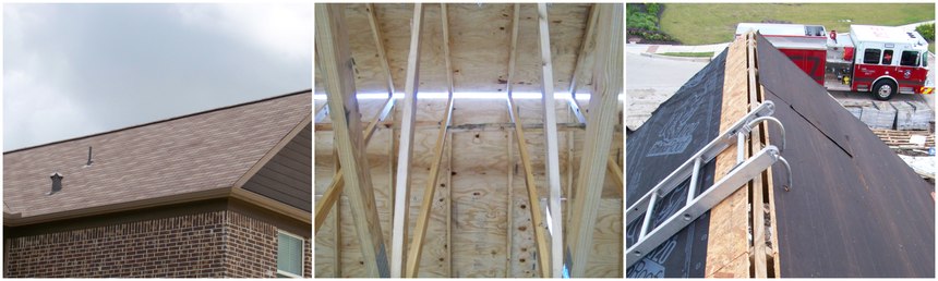 Even if you do not use the method discussed in this article, the presence of a ridge vent should clue you in that a top and bottom cut is not necessary, especially with today's construction methods. As you can see in these photos, when a ridge vent is installed, the builder cuts the decking 1 inch from the ridge board to allow for natural ventilation in the attic space.