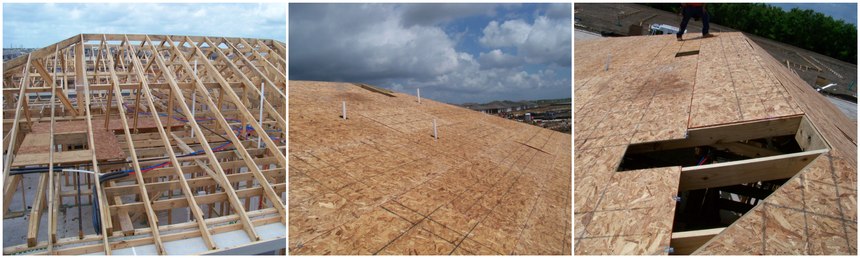 A single sheet of OSB decking is 4x8 feet. When a builder starts the roof decking, they begin at the bottom of the roof rafters near the eves or overhang and work left to right. As they finish the first row, they move up to the next row and work in a left to right direction until that row is complete. They continue laying full sheets until they reach the top row nearest the ridge board. Once they reach the top row of decking, they will cut the top row to fit. This could be any dimension but is typically about 2x8. So cutting 6 feet down will get you through the top piece of decking and the full sheet of decking below that, making this method quick and easy.