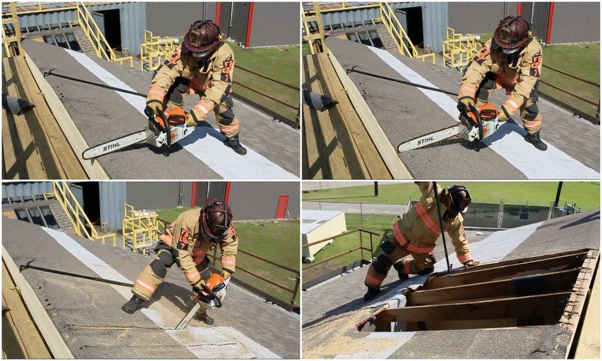 Begin by placing the saw bar over the ridge. Do not cut through the ridge board, only the decking. Cut straight down for 6 feet. Once the first 6-foot cut is complete, return the saw bar to the ridge, move over 12 inches and cut straight down 6 feet again. Repeat this action for a total of six separate six foot cuts that are no more than 12 inches apart. This yields you a 36-square-foot hole using the same number of cuts as you would find in your typical text book hole that results in only a 16 square foot hole. Because your cuts are so long, it makes the clean out easy, even if the cuts did not completely go through both pieces of decking. This method works good on tongue and groove decking as well.