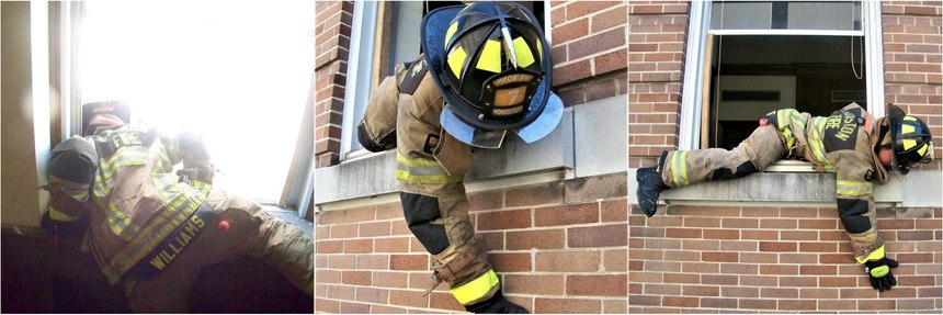 When bailing out fully geared, it will become important to maintain a low profile. Stay low when exiting the window. This will allow for a smoother transition and if heat conditions are an issue, the members will benefit from staying low. Secure your anchor with one hand. Place the head and a shoulder into a lower corner of the window frame as far and tight as possible. Use the free hand to slide and control your exit out of the window.
