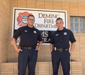 Deming Fire Department Chief Raul Mercado (left) and Battalion Chief Edgar Davalos share their experiences managing an influx of refugees to Deming, N.M. (Photo/Deming Fire Department)