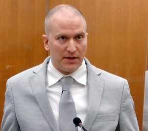 Former Minneapolis police officer Derek Chauvin addresses the court as Hennepin County Judge PeterCahill presides over his sentencing in Minneapolis on June, 25, 2021.