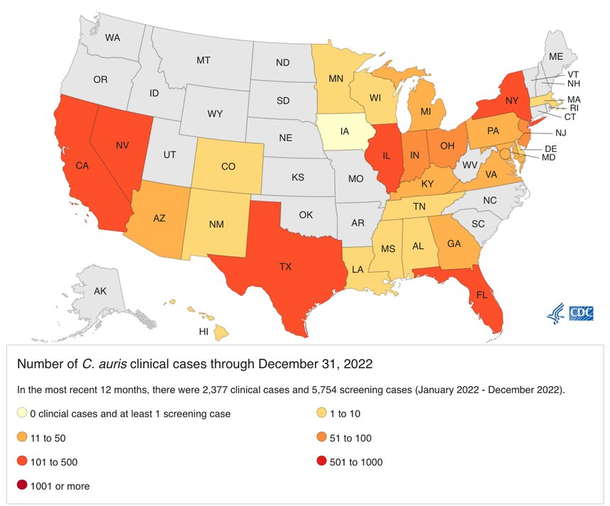 A CDC map showing the location and prevalence of C. auris infections in 2022.