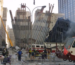 Emergency workers arrive at ground zero after the September 11 terrorist attacks in New York City.