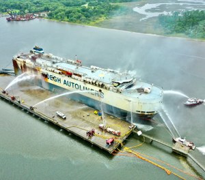 Ten Jacksonville firefighters who were injured in a fire and explosion on a cargo ship in June are suing four owners and operators of the ship. (Photo/Jacksonville Fire and Rescue Department Twitter)