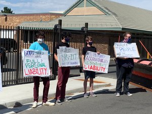 A crowd protests Greenwood Village's resolution shielding law enforcement from the state's new police reform law on July 9, 2020. Image: Twitter