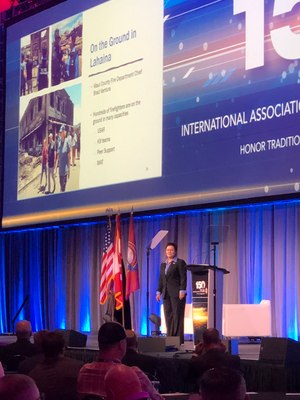 U.S. Fire Administrator Dr. Lori Moore-Merrell takes the stage at Fire-Rescue International 2023.