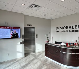 A dashboard greets visitors in the lobby of Florida's Immokalee Fire Protection District.
