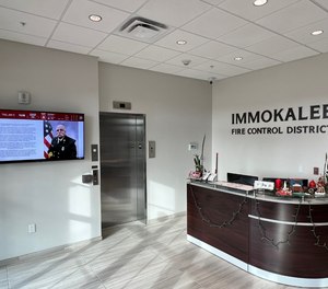 A dashboard greets visitors in the lobby of Florida's Immokalee Fire Protection District.
