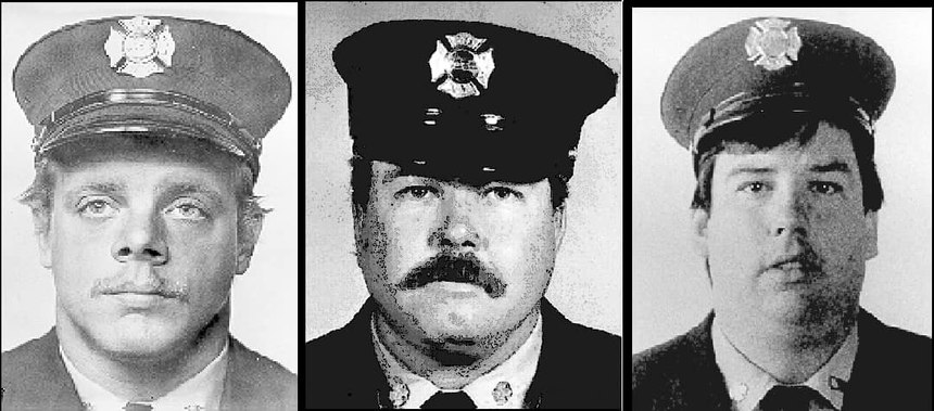 The fallen firefighters (from left to right): Firefighters Harry Ford and Brian Fahey and Lt. John Downing.
