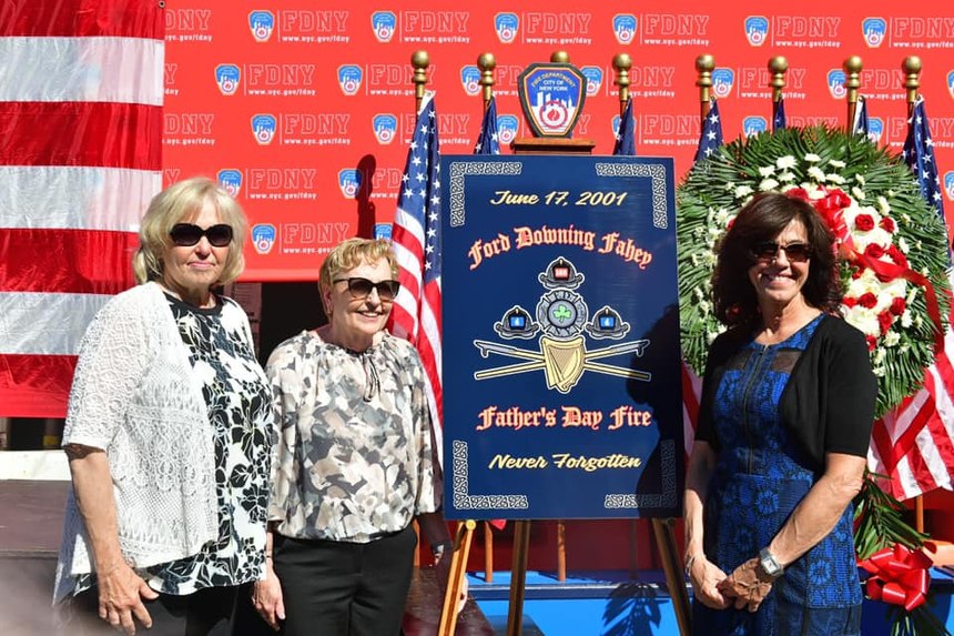 On June 17, 2021, the three widows and many FDNY members attended a wreath laying ceremony in honor of the 20th Anniversary of the Father’s Day Fire.
