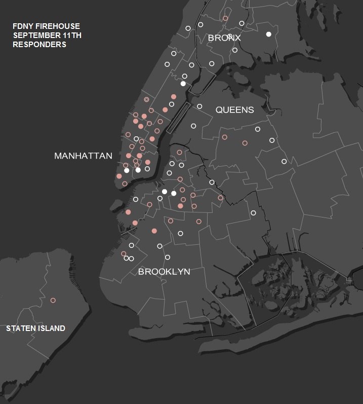 Map of FDNY's first-responding firehouses to the September 11 attacks. Circles show the location of the company responding; solid circles mean multiple companies. Rose-colored circles indicate companies with casualties.
