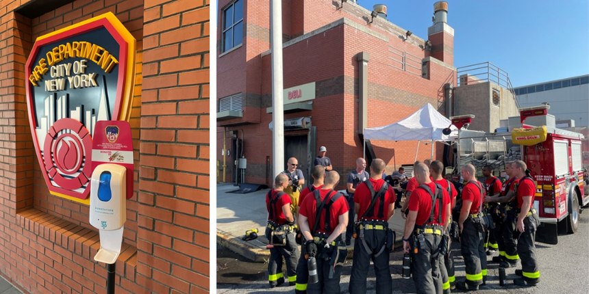 Left: A sunscreen dispenser at the FDNY Fire Academy is the vehicle used to market the message. Right: New recruits and instructors alike are exposed to the sun during training at the academy, but they are provided sunscreen to protect themselves.