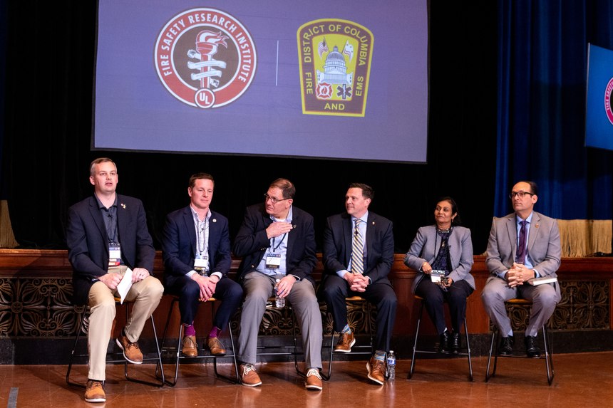 (Left to right): Steve Kerber, Ph.D., vice president and executive director of UL’s FSRI; Captain Hunter Clare, Peoria, Arizona; Sean DeCrane, director, Fire Fighter Health and Safety Operational Services, IAFF; Fire Chief Michael O'Brian, Brighton Area Fire Authority; Judith Jeevarajan, Ph.D., vice president of research, UL; and Fire Chief Otto Drozd, executive secretary, Metropolitan Fire Chiefs Association.