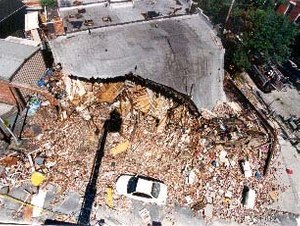 An aerial view of the structure after the blast.