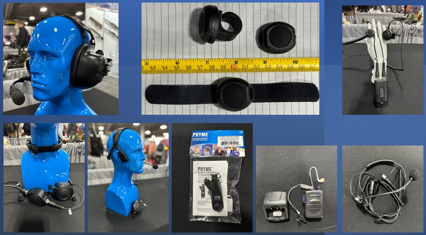 Top: BTH-900-MAX wireless headset; ring, pocket and bracelet PoC PTT switches. Bottom: Gladiator throat mic with waterproof tactical PTT; NBP-BH Bone conduction headset, BT radio adaptor; BT-550 rechargeable BT mic with tube earpiece; quick disconnect (QD) headset.