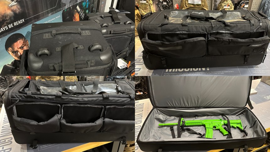 Clockwise from top left: C.A.M.S. 3.0 standing in front of a S.O.M.S.; two pockets on one side; room for two rifles; three pockets on one side and three document pouches on the top/front.