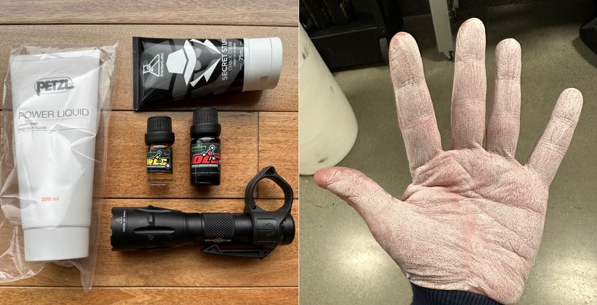 Liquid chalk helps keep the gun in your hands. Also shown, bottles of Paragon weaponlight and optic cleaner and a THYRM SwitchBack flashlight ring.