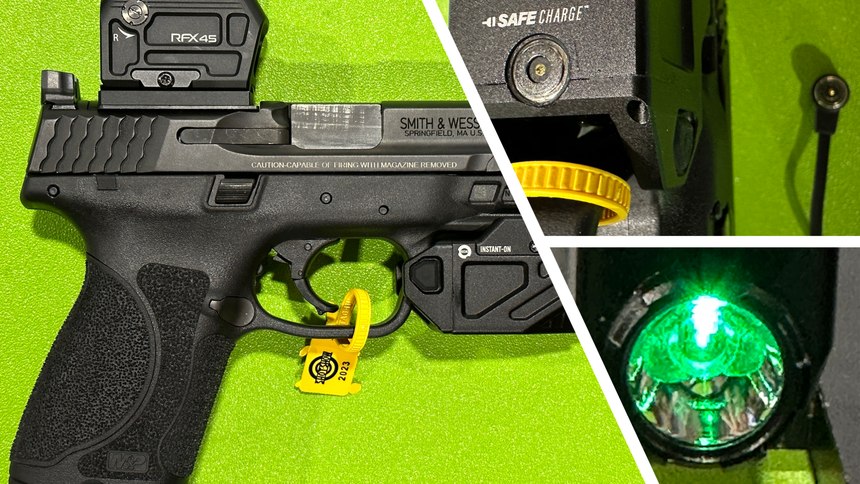 Figure 2: Left: Viridian RFX 45 GDS; Top right: C5L with SafeCharge magnetic charging system; Bottom right: laser seen through the reflector “punch out.”