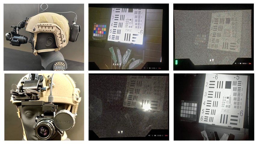 Left top and bottom: The OPSIN and its battery pack both weigh 10.6 oz., so they balance each other when helmet-mounted. Right four photos, left to right, top to bottom: room light, overcast, IR point source, IR flood.