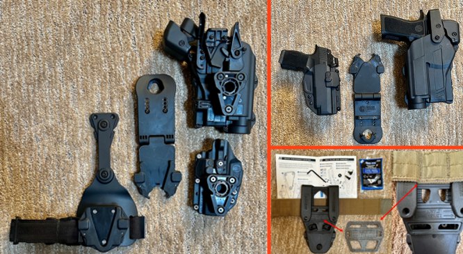 Fig 2. Left panel, left to right, top to bottom: Rapid Force Swivel Drop Leg with QDS Expansion, Rapid Force Locking Belt Slide with QDS Expansion unfolded from front, Rapid Force Duty Holster, Rapid Force LVL 2 Slim Holster (last two are shown from the back, showing quick mount and weapon release levers); Right top panel: Both holsters with the firearm inserted. In the middle is the Rapid Force Locking Belt Slide unfolded showing the screw-mounted belt-width adjustment bar. Right bottom panel: MOLLE-compatible Belt Slide Expansion module.