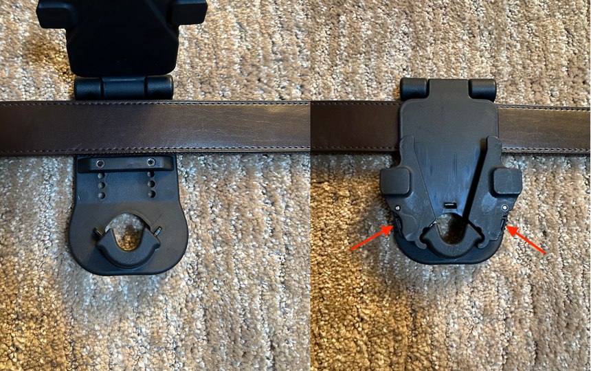 Figure 3: The Alien Gear system uses gross motor skills to insert and remove the holster from the mount. The two locking tabs are squeezed together (arrows), and the holster is pulled upwards to remove.