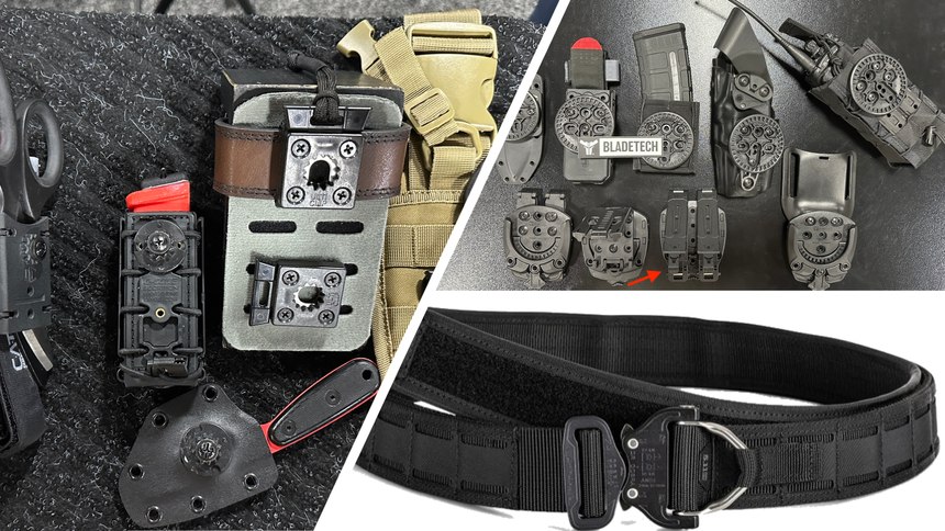 Clockwise from Left: UltiLink by Ulticlip; Bladetech Tek-Mount; 5.11 Maverick Battle Belt D Ring. The red arrow is pointing to Bladetech's unique locking MOLLE mounts which I'll cover in detail in a future article.