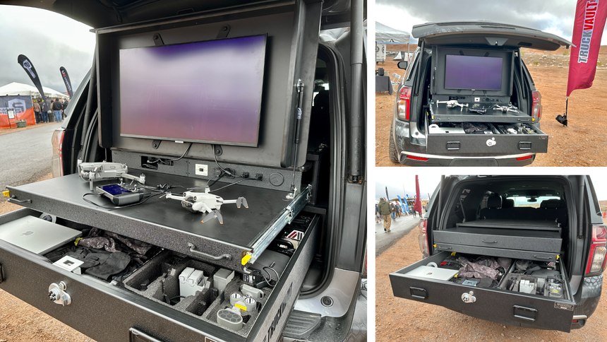 Top left and right: With the screen up and the work surface extended, you have a drone control center at your fingertips; right bottom: with the screen folded down and the work surface retracted, the driver has normal visibility outside the rear of the vehicle.