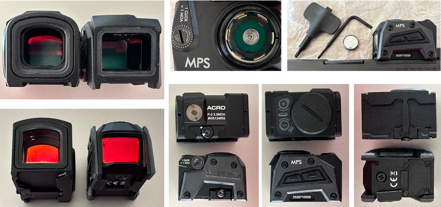 Top: Aimpoint ACRO-2 and Steiner MPS from back; MPS top showing battery with multiple retention fingers – the battery cap squeezes the fingers when installed; mounted on a SIG P320. Bottom: ACRO-2 and MPS from front – the starburst is an accidental reflection of my lamp; right side; left side; bottom.