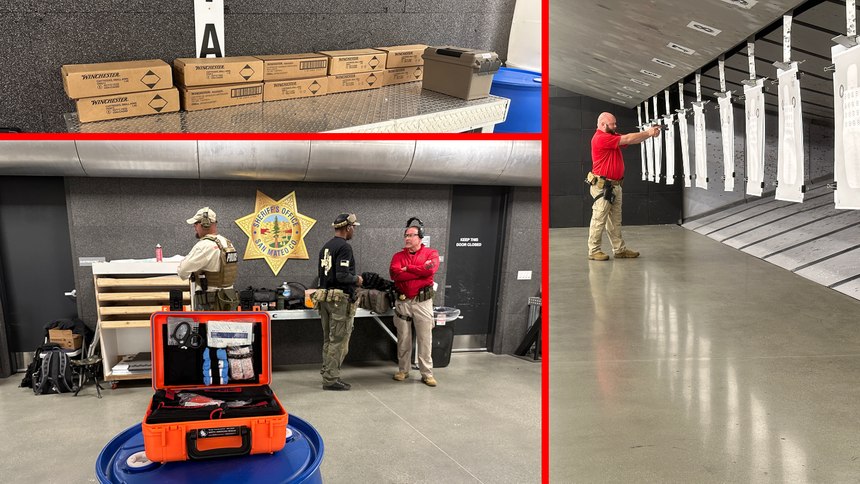 Clockwise from left top: Cases of duty ammo; Deputy Michael Koehler demonstrating drill 2 – students consistently need to hold their firearm at the proper angle to place the dot in the window; trauma kit and class participants.