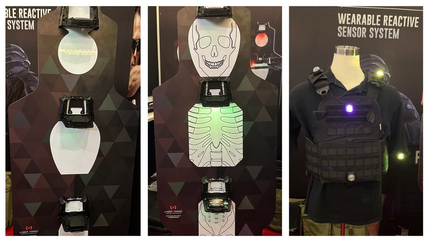 Figure 4: Left to right: CQB in a box with stock and user-made targets; Shot Body system showing one pink and two green hits.