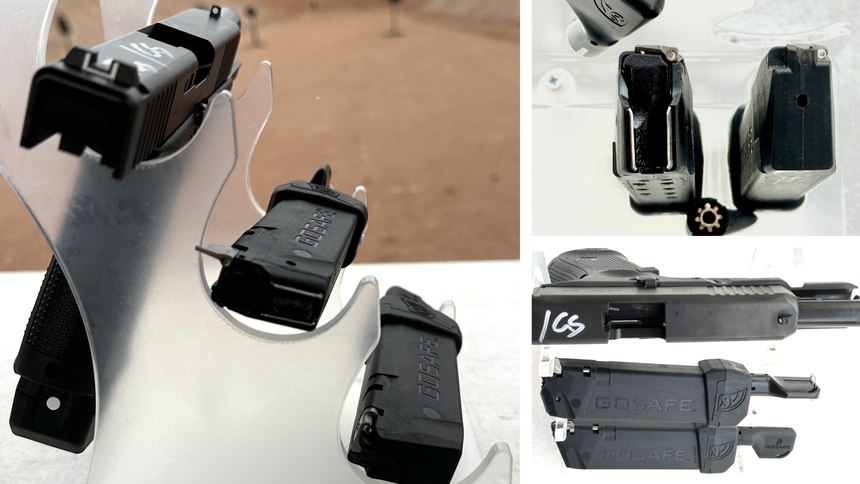 Left: a Glock firearm with a Gosafe inserted, a Gosafe that allows up to 10 rounds to be loaded and a Gosafe block. Right top: Gosafe that allows up to 10 rounds to be loaded and a Gosafe block; Right bottom: The keys can be seen to the right of the magazine.