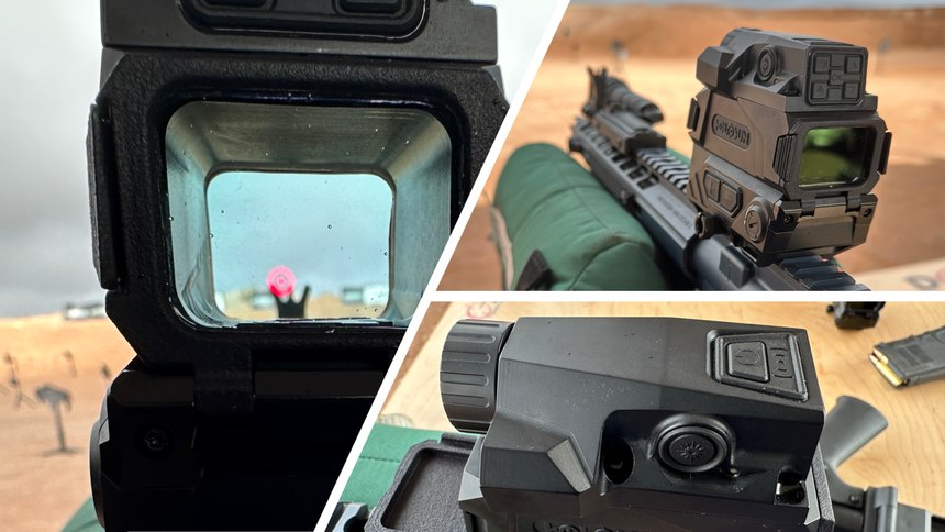 Left: Visible light red dot; right top: view from the rear showing the mount and controls; right bottom: The camera up top delivers the thermal or night-vision image through the visible optical path, letting you put the red dot right on target.