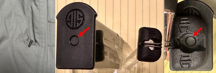 Figure 6: The Ulticlip Enduo attaches to the baseplate of even the smallest magazines. Left: all you see is a tiny clip with no hint you are carrying a magazine in your pocket. Center: SIG P365 12-round mag with the Enduo ready for mounting. Right: mounted clip.