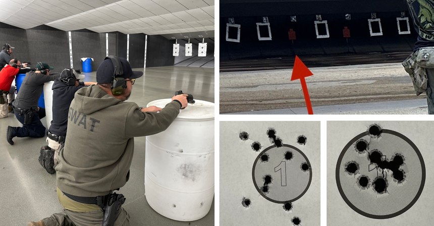 Clockwise from left: Sighting in at 15 yards; Shooting B-27 sized iron in the shadows with a handgun at 100 yards – it can be done with a RDS using holdover and proper trigger control; 2” circle standing at 5 yards with proper trigger control; same target with bad trigger control.