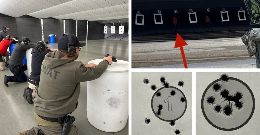 Clockwise from left: Sighting in at 15 yards; Shooting B-27 sized iron in the shadows with a handgun at 100 yards – it can be done with a RDS using holdover and proper trigger control; 2” circle standing at 5 yards with proper trigger control; same target with bad trigger control.
