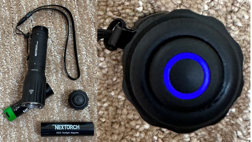 Figure 5: The Nextorch TA30C is dual-powered and comes with a clip and lanyard. On the right is the endcap status LED, which tells you with a tap how much power is left.