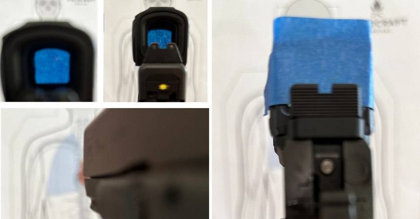 Clockwise from top left: Landmarks you can use if your dot fails: guillotine; dot in the middle of a Glock backplate; firing pin on a Staccato; where the slide touches the frame.