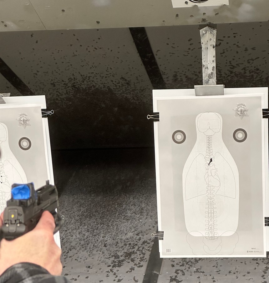With practice, you still can be accurate if your dot fails. Note the holes in the ceiling from practicing trigger prep.